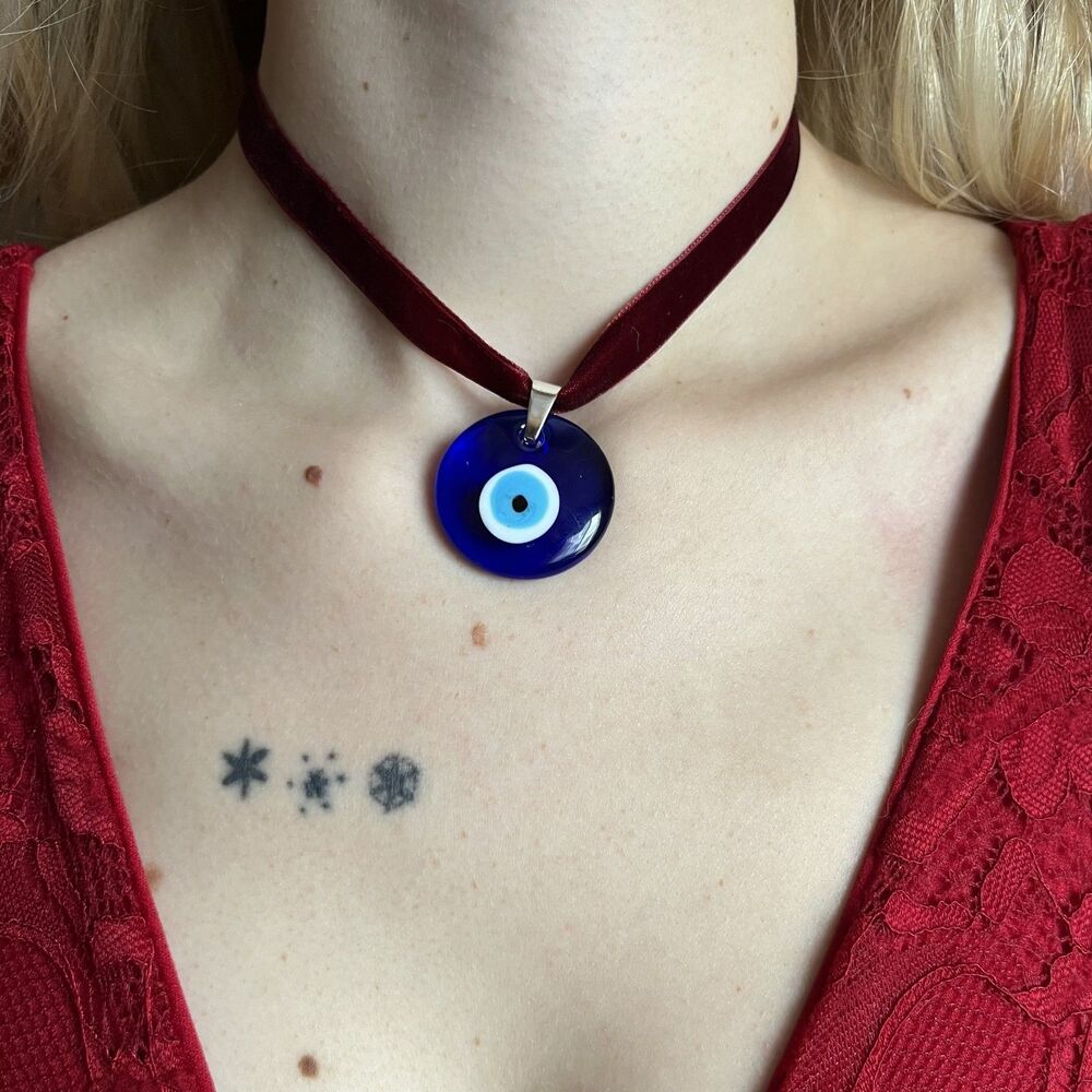 Glass Evil Eye Talisman Choker on Red Velvet Ribbon with Silver Accents Boho